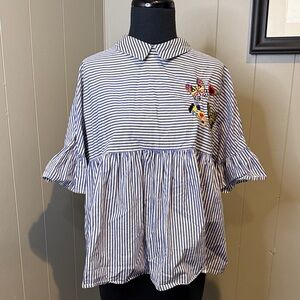 B13 Striped Women's Blouse with Floral Butterfly Embroidered Detail